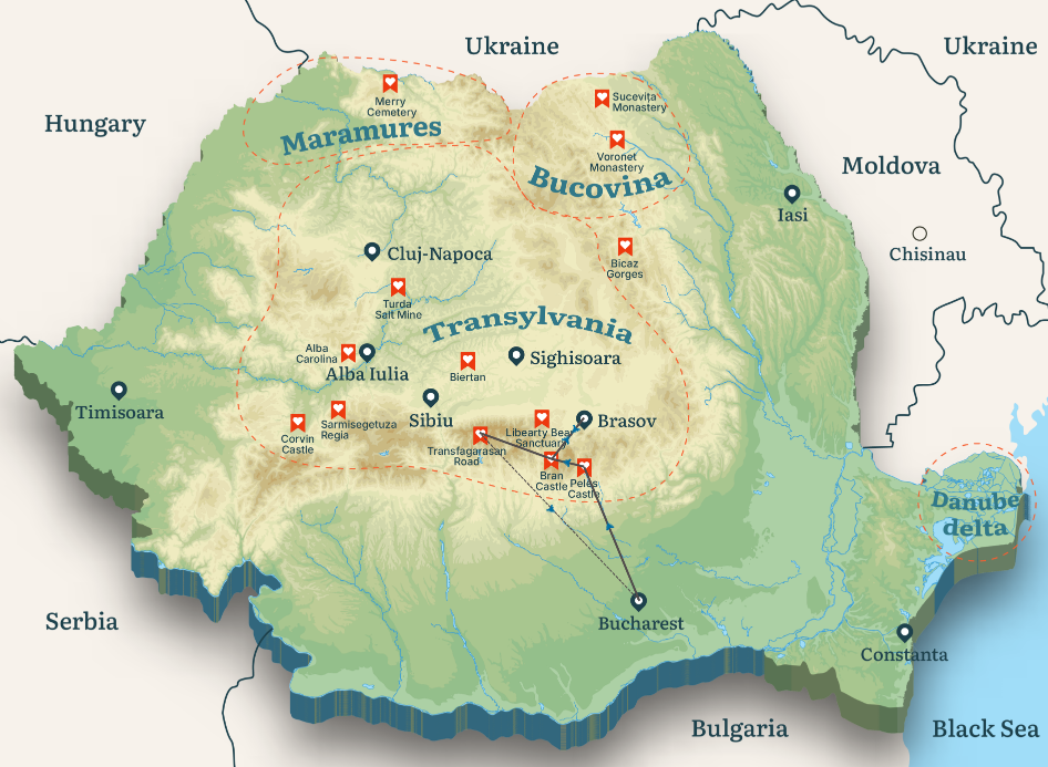Hartă ilustrată a Transilvaniei cu Castelul Bran, Brașov, Peleș și alte obiective